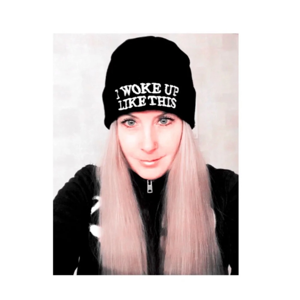 Embroidered "I Woke Up Like This" Knit Beanie Cap